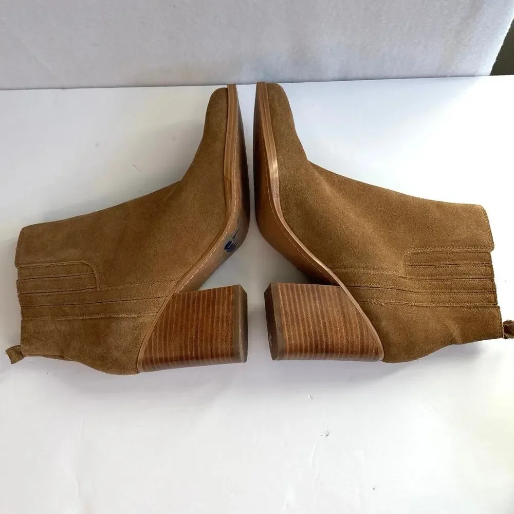 Marc Fisher Alva Camel Tan Suede Pointed Toe Block Heel Bootie Size 11